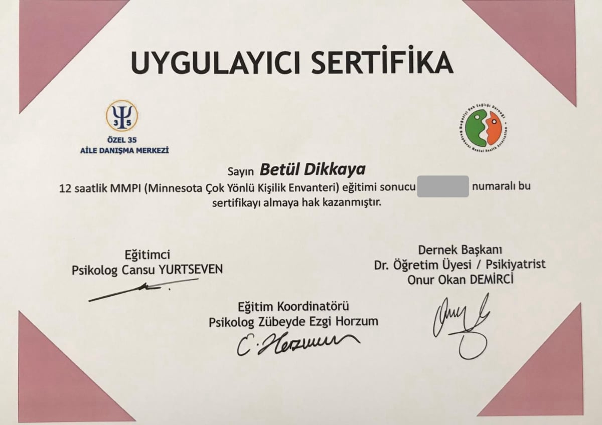 Manisa Psikolog - Betül Dikkaya - Sertifika