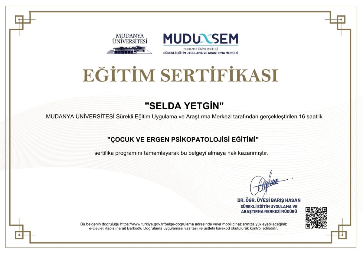 Manisa Psikolog - Selda Yetgin - Sertifika