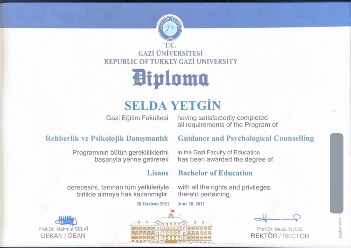 Manisa Psikolog - Selda Yetgin - Sertifika