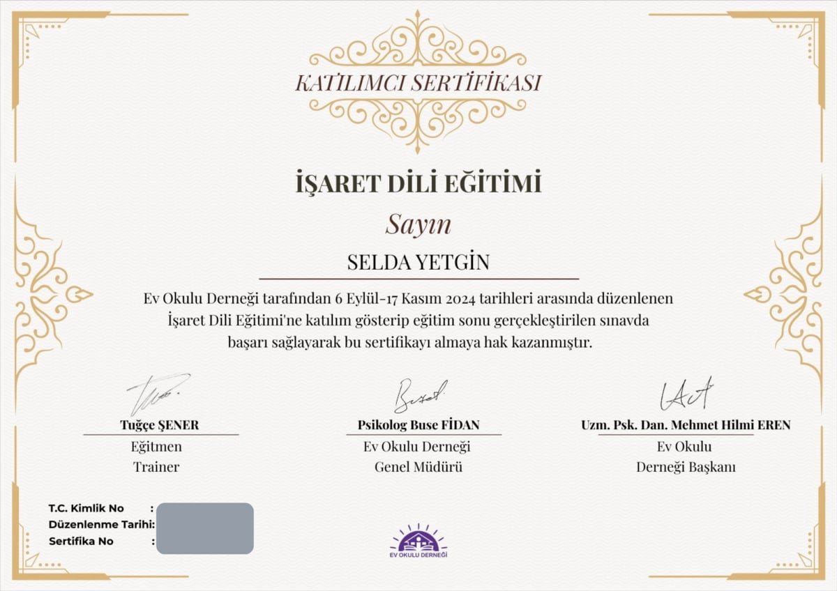 Manisa Psikolog - Selda Yetgin - Sertifika