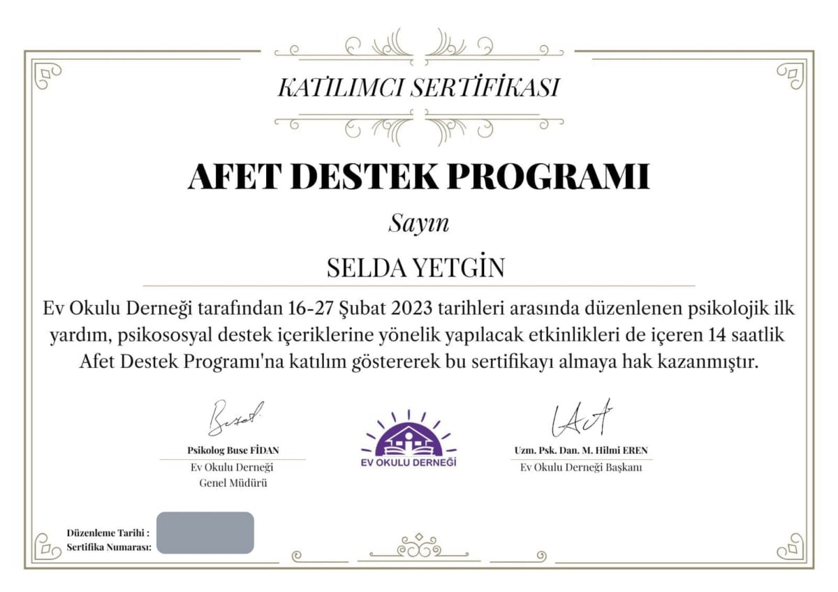 Manisa Psikolog - Selda Yetgin - Sertifika