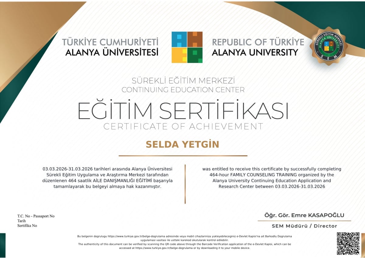 Manisa Psikolog - Selda Yetgin - Sertifika