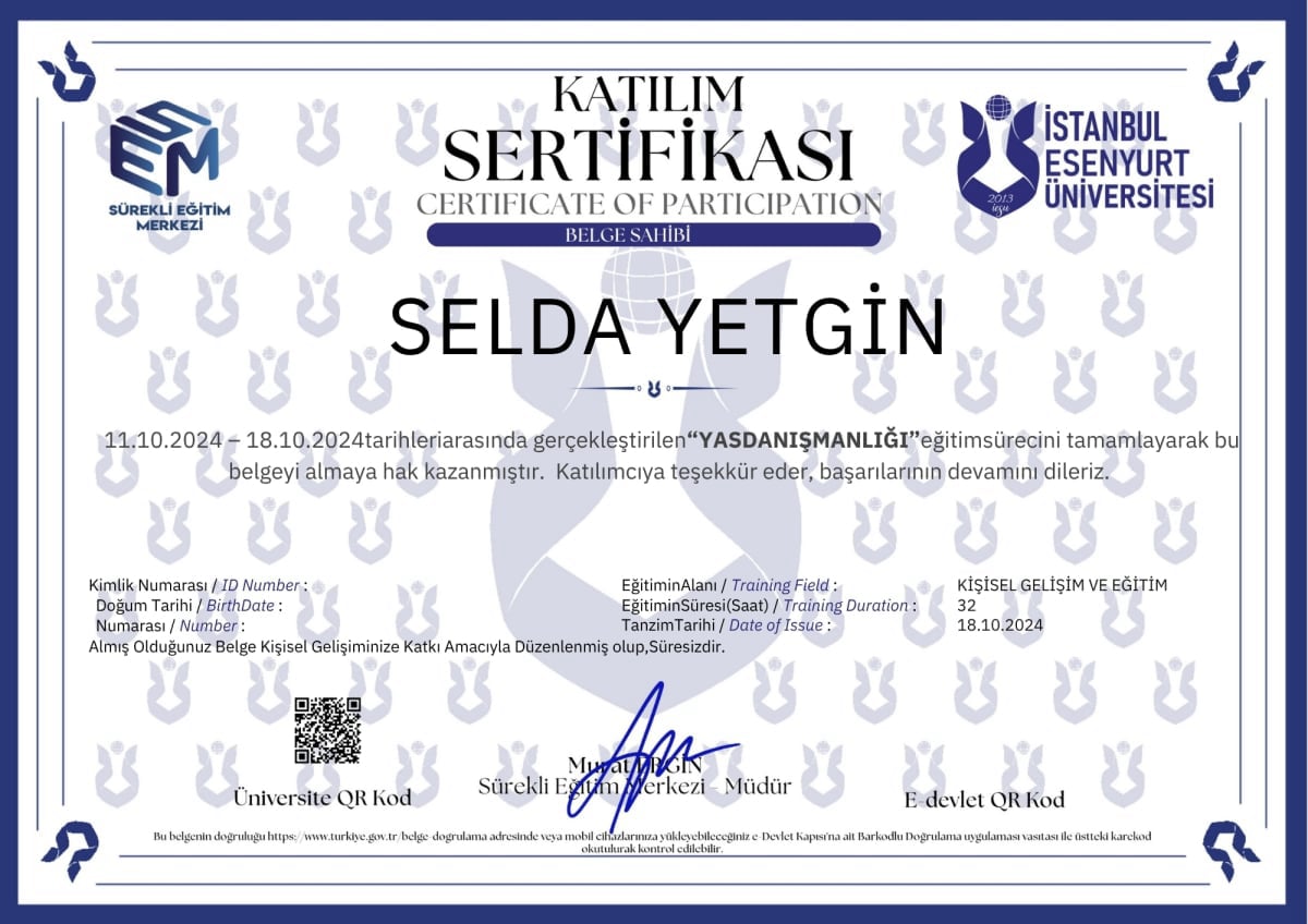 Manisa Psikolog - Selda Yetgin - Sertifika