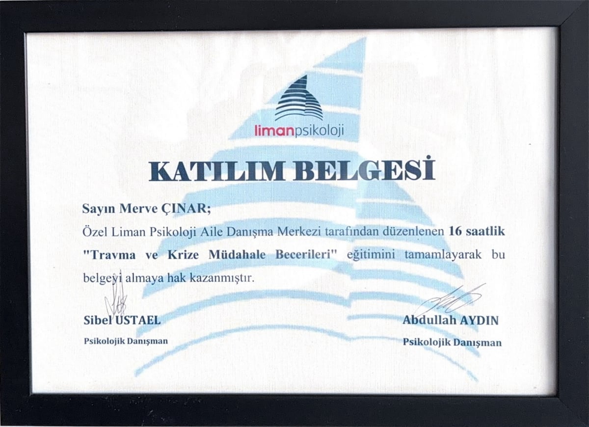 Manisa Psikolog - Merve Cinar - Sertifika